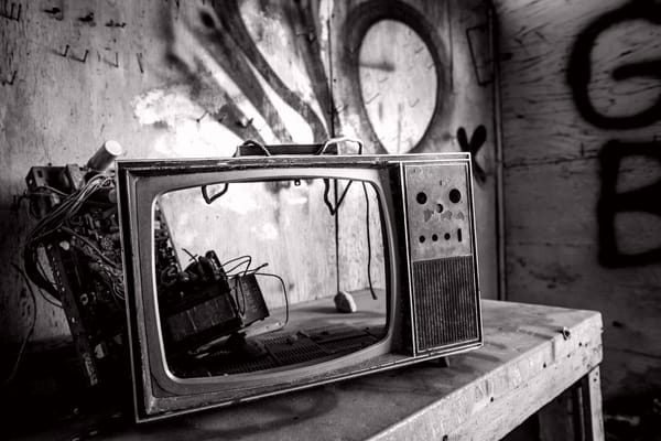 A broken TV in an old building.